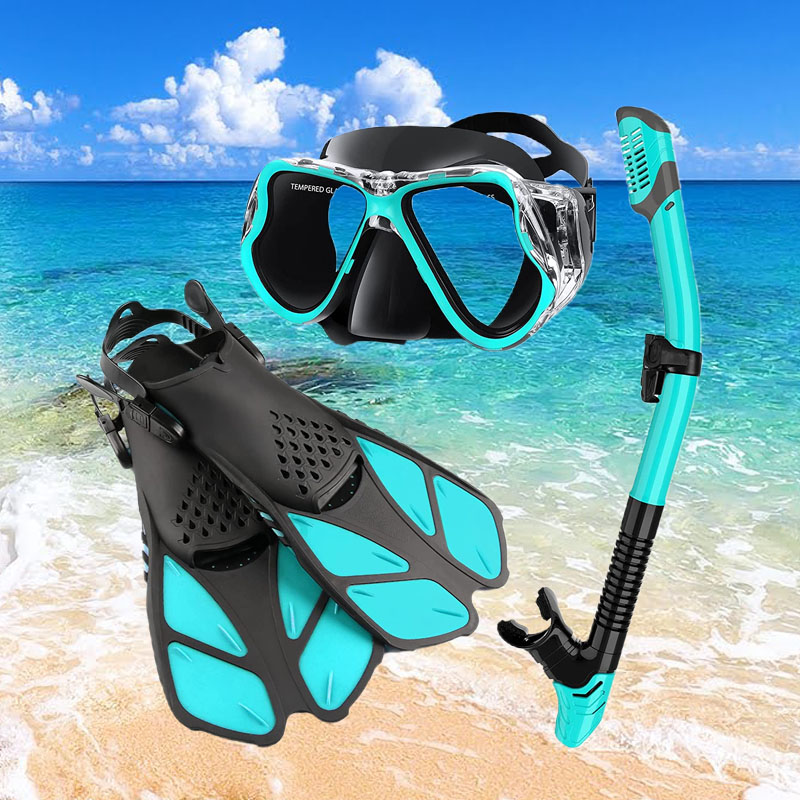 Mask Fins Snorkel Set Adults Snorkeling Gear, Snorkel Mask 180 Panoramic View Anti-Fog Anti-Leak Dry Top Snorkel and Dive Flippers Kit with Travel Bag