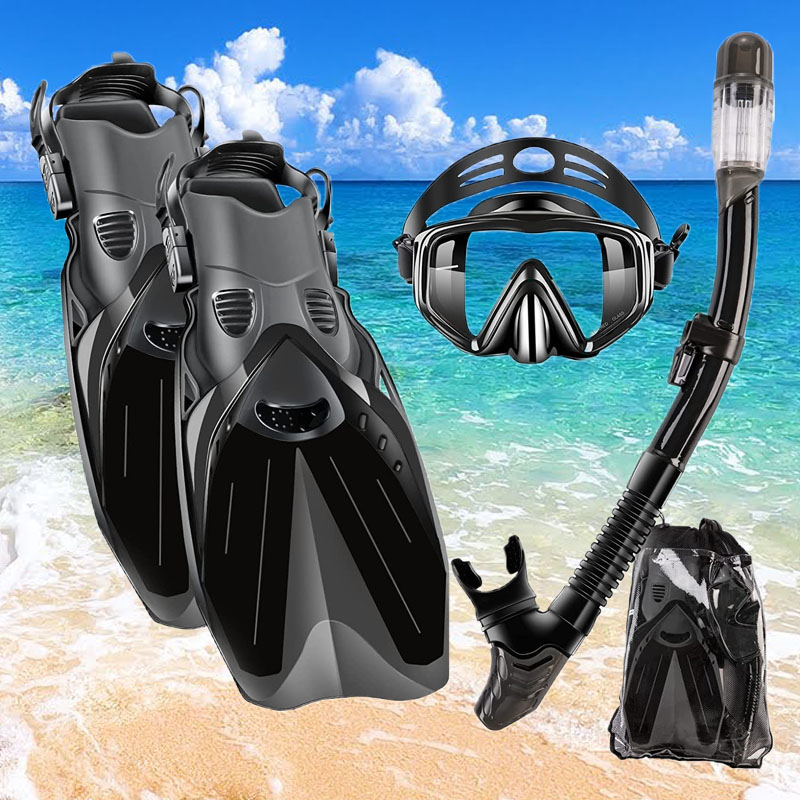 Anti-Fog Anti-Leak Dry Top Snorkel Set and Dive Flippers Kit with Gear Bag for Diving Training